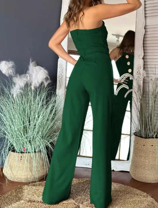 Hot Women's Normal Jumpsuit Elegant Solid Color Sleeveless Wide Leg Strapless Buttons Daily Regular Fit Black White Red Summer Women Jumpsuits