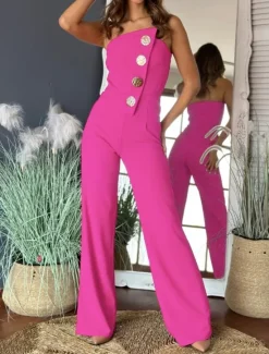 Hot Women's Normal Jumpsuit Elegant Solid Color Sleeveless Wide Leg Strapless Buttons Daily Regular Fit Black White Red Summer Women Jumpsuits