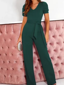 Outlet Women's Normal Jumpsuit Elegant Solid Color Short Sleeve V Neck Lace up High Waist Wedding Office Regular Fit Black Army Green Red Summer Women Jumpsuits