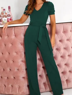 Outlet Women's Normal Jumpsuit Elegant Solid Color Short Sleeve V Neck Lace up High Waist Wedding Office Regular Fit Black Army Green Red Summer Women Jumpsuits