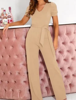 Outlet Women's Normal Jumpsuit Elegant Solid Color Short Sleeve V Neck Lace up High Waist Wedding Office Regular Fit Black Army Green Red Summer Women Jumpsuits
