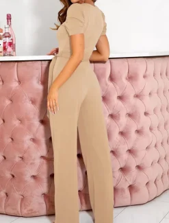 Outlet Women's Normal Jumpsuit Elegant Solid Color Short Sleeve V Neck Lace up High Waist Wedding Office Regular Fit Black Army Green Red Summer Women Jumpsuits