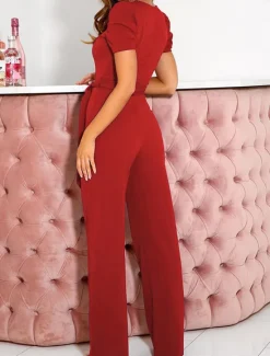 Outlet Women's Normal Jumpsuit Elegant Solid Color Short Sleeve V Neck Lace up High Waist Wedding Office Regular Fit Black Army Green Red Summer Women Jumpsuits