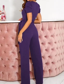Outlet Women's Normal Jumpsuit Elegant Solid Color Short Sleeve V Neck Lace up High Waist Wedding Office Regular Fit Black Army Green Red Summer Women Jumpsuits