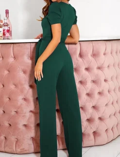 Outlet Women's Normal Jumpsuit Elegant Solid Color Short Sleeve V Neck Lace up High Waist Wedding Office Regular Fit Black Army Green Red Summer Women Jumpsuits