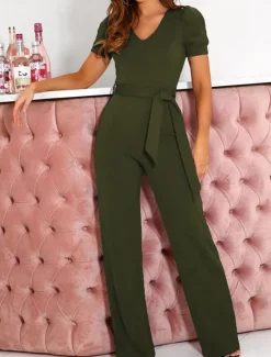 Outlet Women's Normal Jumpsuit Elegant Solid Color Short Sleeve V Neck Lace up High Waist Wedding Office Regular Fit Black Army Green Red Summer Women Jumpsuits