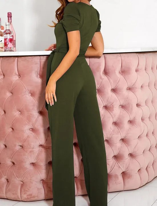 Outlet Women's Normal Jumpsuit Elegant Solid Color Short Sleeve V Neck Lace up High Waist Wedding Office Regular Fit Black Army Green Red Summer Women Jumpsuits