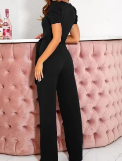 Outlet Women's Normal Jumpsuit Elegant Solid Color Short Sleeve V Neck Lace up High Waist Wedding Office Regular Fit Black Army Green Red Summer Women Jumpsuits