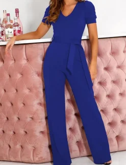 Outlet Women's Normal Jumpsuit Elegant Solid Color Short Sleeve V Neck Lace up High Waist Wedding Office Regular Fit Black Army Green Red Summer Women Jumpsuits
