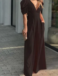 Sale Women's Normal Jumpsuit Elegant Solid Color Short Sleeve V Neck Backless Pocket Street Daily Regular Fit Black Yellow Light Green Summer Women Jumpsuits