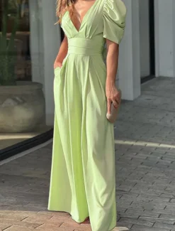 Sale Women's Normal Jumpsuit Elegant Solid Color Short Sleeve V Neck Backless Pocket Street Daily Regular Fit Black Yellow Light Green Summer Women Jumpsuits