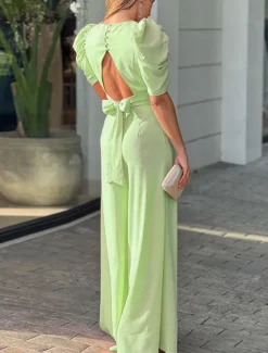 Sale Women's Normal Jumpsuit Elegant Solid Color Short Sleeve V Neck Backless Pocket Street Daily Regular Fit Black Yellow Light Green Summer Women Jumpsuits