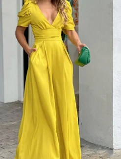 Sale Women's Normal Jumpsuit Elegant Solid Color Short Sleeve V Neck Backless Pocket Street Daily Regular Fit Black Yellow Light Green Summer Women Jumpsuits