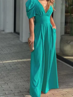 Sale Women's Normal Jumpsuit Elegant Solid Color Short Sleeve V Neck Backless Pocket Street Daily Regular Fit Black Yellow Light Green Summer Women Jumpsuits