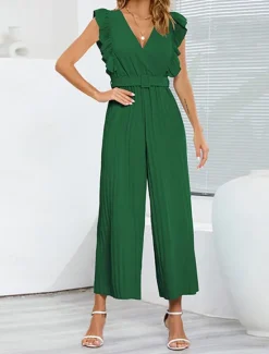 Hot Women's Normal Jumpsuit Elegant Solid Color Sleeveless V Neck Ruffle High Waist Street Daily Regular Fit Black White Blue Summer Women Jumpsuits