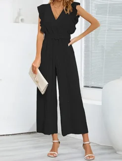 Hot Women's Normal Jumpsuit Elegant Solid Color Sleeveless V Neck Ruffle High Waist Street Daily Regular Fit Black White Blue Summer Women Jumpsuits
