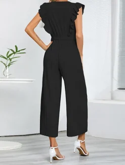 Hot Women's Normal Jumpsuit Elegant Solid Color Sleeveless V Neck Ruffle High Waist Street Daily Regular Fit Black White Blue Summer Women Jumpsuits