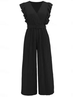 Hot Women's Normal Jumpsuit Elegant Solid Color Sleeveless V Neck Ruffle High Waist Street Daily Regular Fit Black White Blue Summer Women Jumpsuits