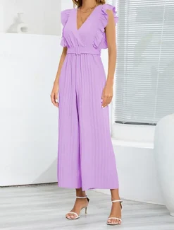 Hot Women's Normal Jumpsuit Elegant Solid Color Sleeveless V Neck Ruffle High Waist Street Daily Regular Fit Black White Blue Summer Women Jumpsuits