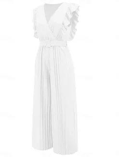Hot Women's Normal Jumpsuit Elegant Solid Color Sleeveless V Neck Ruffle High Waist Street Daily Regular Fit Black White Blue Summer Women Jumpsuits