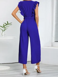 Hot Women's Normal Jumpsuit Elegant Solid Color Sleeveless V Neck Ruffle High Waist Street Daily Regular Fit Black White Blue Summer Women Jumpsuits