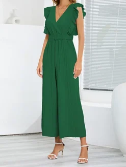 Hot Women's Normal Jumpsuit Elegant Solid Color Sleeveless V Neck Ruffle High Waist Street Daily Regular Fit Black White Blue Summer Women Jumpsuits