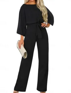 New Women's Normal Jumpsuit Elegant Solid Color 3/4 Length Sleeve Crew Neck Lace up High Waist Wedding Office Regular Fit Black Navy Blue Beige Fall Women Jumpsuits