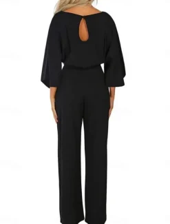 New Women's Normal Jumpsuit Elegant Solid Color 3/4 Length Sleeve Crew Neck Lace up High Waist Wedding Office Regular Fit Black Navy Blue Beige Fall Women Jumpsuits