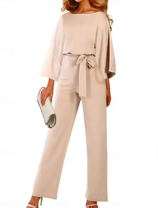 New Women's Normal Jumpsuit Elegant Solid Color 3/4 Length Sleeve Crew Neck Lace up High Waist Wedding Office Regular Fit Black Navy Blue Beige Fall Women Jumpsuits