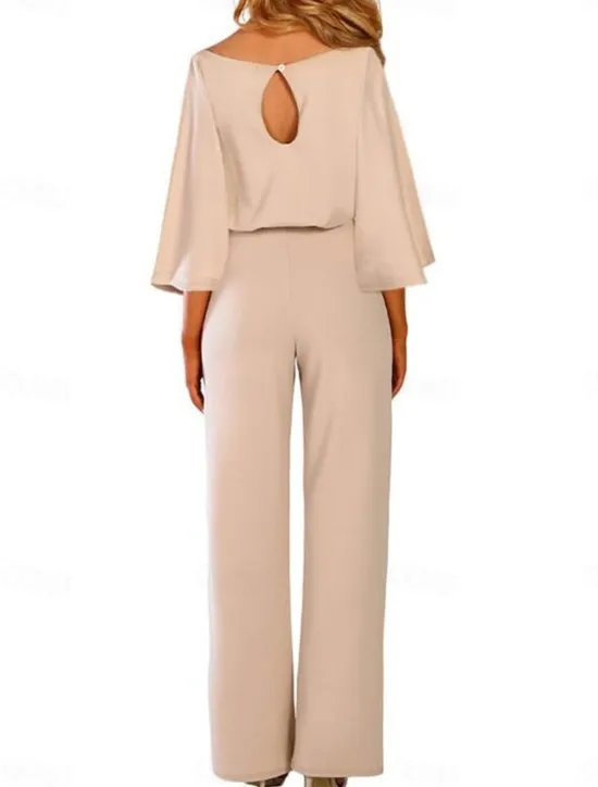 New Women's Normal Jumpsuit Elegant Solid Color 3/4 Length Sleeve Crew Neck Lace up High Waist Wedding Office Regular Fit Black Navy Blue Beige Fall Women Jumpsuits