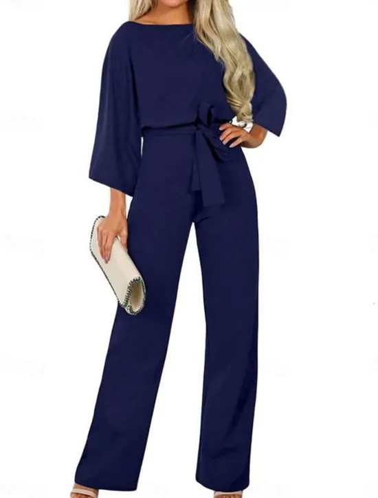 New Women's Normal Jumpsuit Elegant Solid Color 3/4 Length Sleeve Crew Neck Lace up High Waist Wedding Office Regular Fit Black Navy Blue Beige Fall Women Jumpsuits