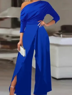 Women's Normal Jumpsuit Elegant Solid Color Long Sleeve Wide Leg Cold Shoulder High Waist Vacation Party Regular Fit Black White Blue Summer Women Graphic Jumpsuit