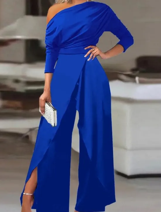 Women's Normal Jumpsuit Elegant Solid Color Long Sleeve Wide Leg Cold Shoulder High Waist Vacation Party Regular Fit Black White Blue Summer Women Graphic Jumpsuit