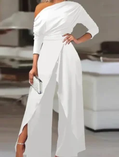 Women's Normal Jumpsuit Elegant Solid Color Long Sleeve Wide Leg Cold Shoulder High Waist Vacation Party Regular Fit Black White Blue Summer Women Graphic Jumpsuit