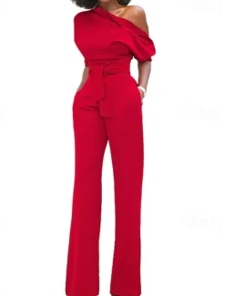 Outlet Women's Normal Jumpsuit Elegant Solid Color Half Sleeve One Shoulder Pocket High Waist Wedding Party Regular Fit Black White Yellow Fall Women Jumpsuits