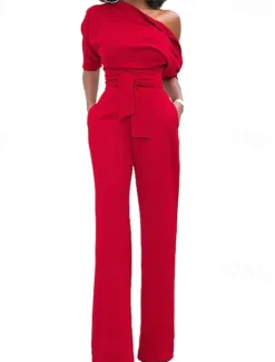 Outlet Women's Normal Jumpsuit Elegant Solid Color Half Sleeve One Shoulder Pocket High Waist Wedding Party Regular Fit Black White Yellow Fall Women Jumpsuits