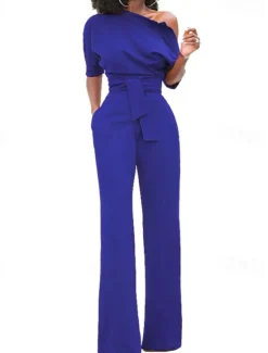 Outlet Women's Normal Jumpsuit Elegant Solid Color Half Sleeve One Shoulder Pocket High Waist Wedding Party Regular Fit Black White Yellow Fall Women Jumpsuits