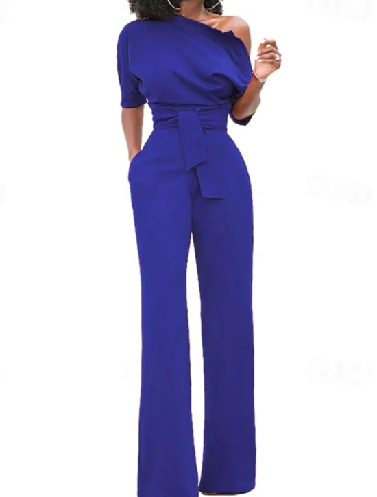 Outlet Women's Normal Jumpsuit Elegant Solid Color Half Sleeve One Shoulder Pocket High Waist Wedding Party Regular Fit Black White Yellow Fall Women Jumpsuits