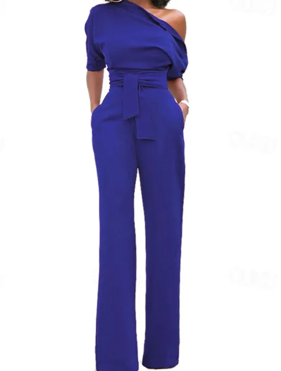 Outlet Women's Normal Jumpsuit Elegant Solid Color Half Sleeve One Shoulder Pocket High Waist Wedding Party Regular Fit Black White Yellow Fall Women Jumpsuits