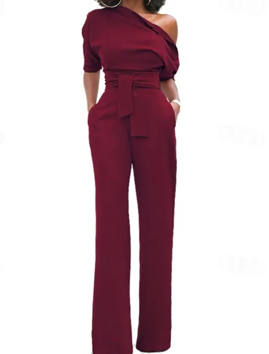 Outlet Women's Normal Jumpsuit Elegant Solid Color Half Sleeve One Shoulder Pocket High Waist Wedding Party Regular Fit Black White Yellow Fall Women Jumpsuits