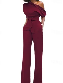 Outlet Women's Normal Jumpsuit Elegant Solid Color Half Sleeve One Shoulder Pocket High Waist Wedding Party Regular Fit Black White Yellow Fall Women Jumpsuits