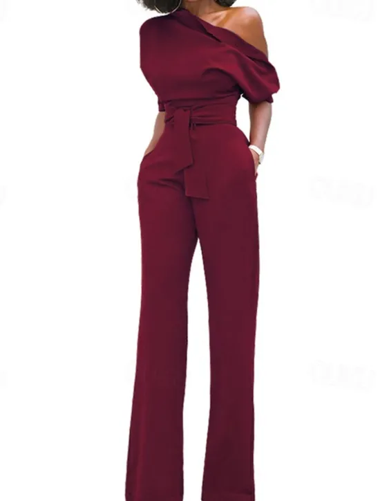 Outlet Women's Normal Jumpsuit Elegant Solid Color Half Sleeve One Shoulder Pocket High Waist Wedding Party Regular Fit Black White Yellow Fall Women Jumpsuits