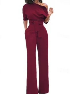 Outlet Women's Normal Jumpsuit Elegant Solid Color Half Sleeve One Shoulder Pocket High Waist Wedding Party Regular Fit Black White Yellow Fall Women Jumpsuits