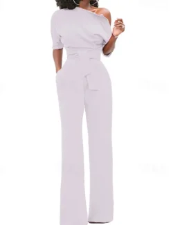 Outlet Women's Normal Jumpsuit Elegant Solid Color Half Sleeve One Shoulder Pocket High Waist Wedding Party Regular Fit Black White Yellow Fall Women Jumpsuits