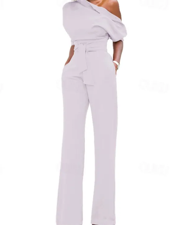Outlet Women's Normal Jumpsuit Elegant Solid Color Half Sleeve One Shoulder Pocket High Waist Wedding Party Regular Fit Black White Yellow Fall Women Jumpsuits
