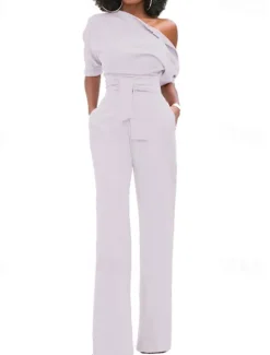 Outlet Women's Normal Jumpsuit Elegant Solid Color Half Sleeve One Shoulder Pocket High Waist Wedding Party Regular Fit Black White Yellow Fall Women Jumpsuits