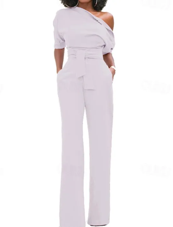 Outlet Women's Normal Jumpsuit Elegant Solid Color Half Sleeve One Shoulder Pocket High Waist Wedding Party Regular Fit Black White Yellow Fall Women Jumpsuits