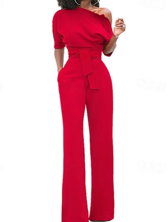 Outlet Women's Normal Jumpsuit Elegant Solid Color Half Sleeve One Shoulder Pocket High Waist Wedding Party Regular Fit Black White Yellow Fall Women Jumpsuits