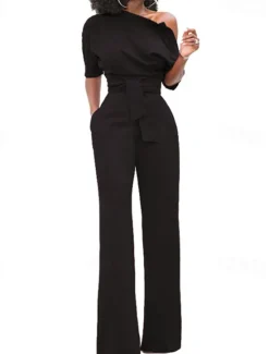 Outlet Women's Normal Jumpsuit Elegant Solid Color Half Sleeve One Shoulder Pocket High Waist Wedding Party Regular Fit Black White Yellow Fall Women Jumpsuits