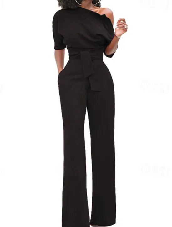 Outlet Women's Normal Jumpsuit Elegant Solid Color Half Sleeve One Shoulder Pocket High Waist Wedding Party Regular Fit Black White Yellow Fall Women Jumpsuits